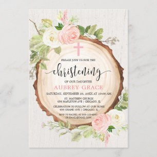 Rustic girl christening woodland pink greenery invitation