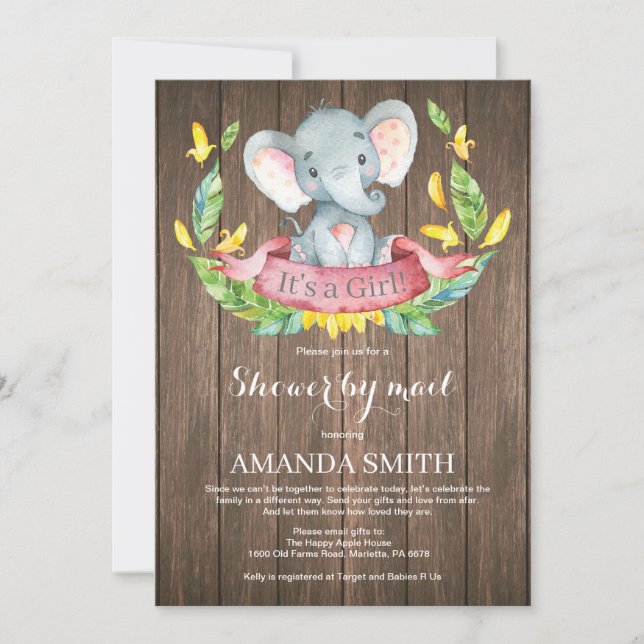 Rustic Girl Elephant Baby Shower by Mail Invitation (Front)