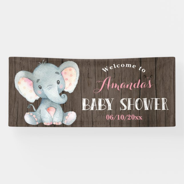 Rustic Girl Elephant Baby Shower Pink and Grey Banner (Horizontal)
