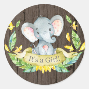 Rustic Girl Elephant Baby Shower Yellow Classic Round Sticker