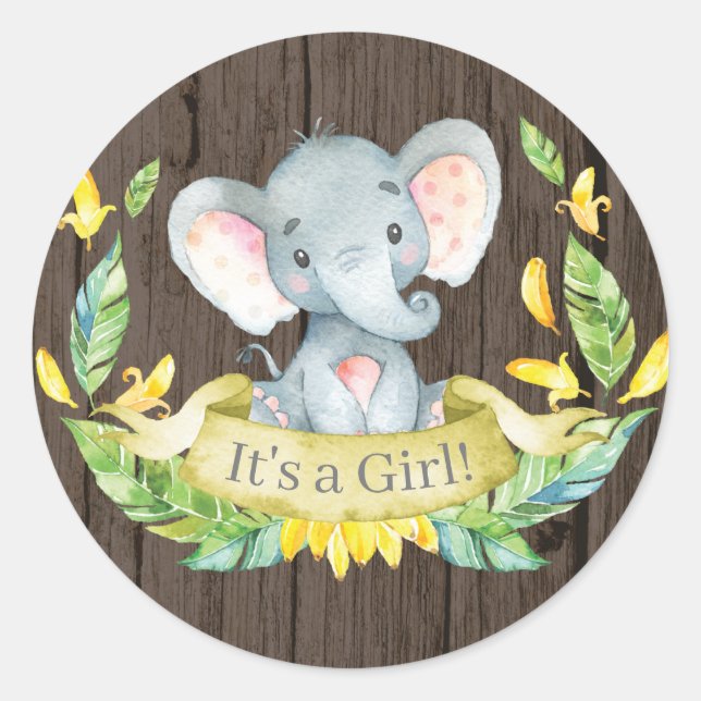 Rustic Girl Elephant Baby Shower Yellow Classic Round Sticker (Front)
