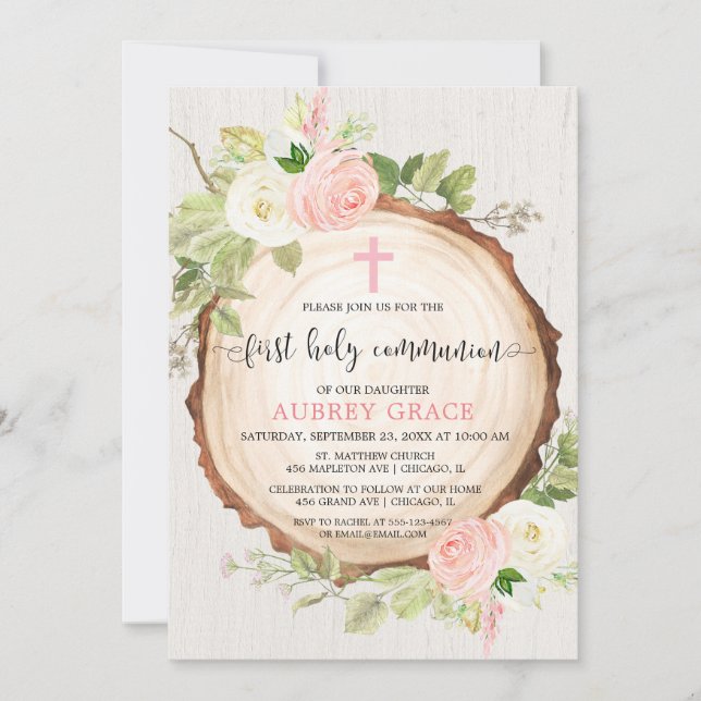 Rustic girl first communion woodland blush pink invitation (Front)
