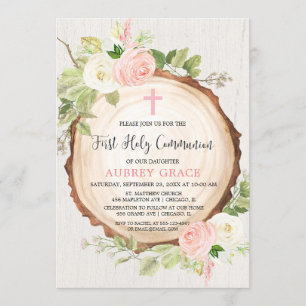 Rustic girl first communion woodland blush pink invitation