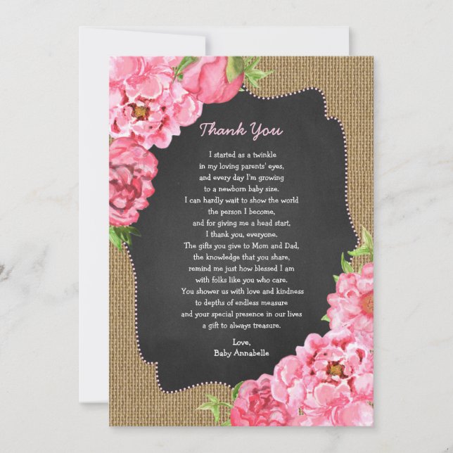 Rustic Girl Pink Floral Baby Thank you note Invitation (Front)