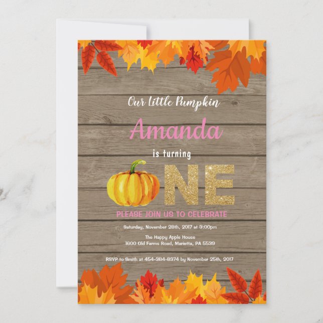 Rustic Girl Pumpkin Fall Birthday Invitation Gold (Front)