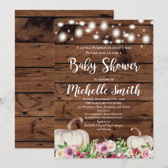 Rustic Girl Pumpkin Fall Greeney Pink Baby Shower Invitation (Front/Back)