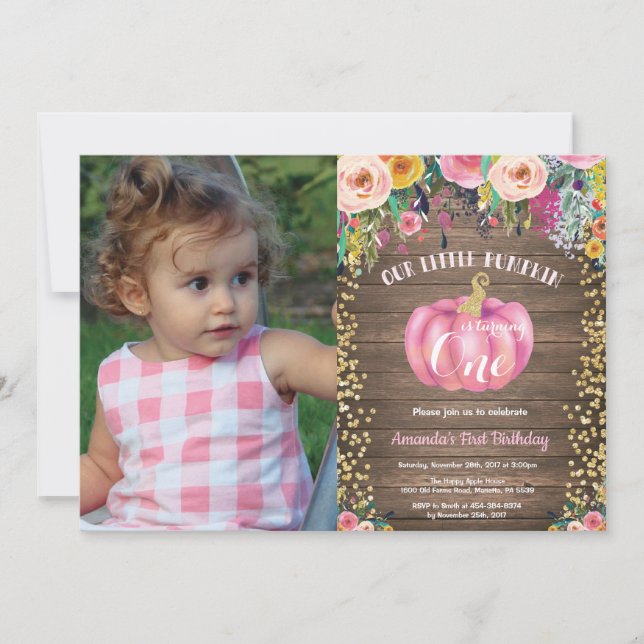 Rustic Girl Pumpkin First Birthday Floral Gold Invitation (Front)