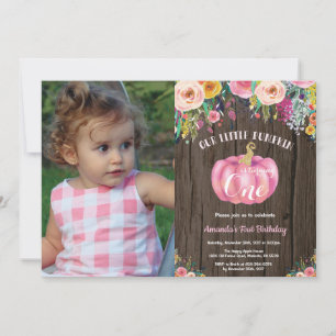 Rustic Girl Pumpkin First Birthday Floral Gold Invitation