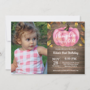 Rustic Girl Pumpkin First Birthday Invitation Pink