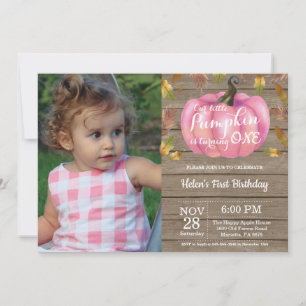 Rustic Girl Pumpkin First Birthday Invitation Pink