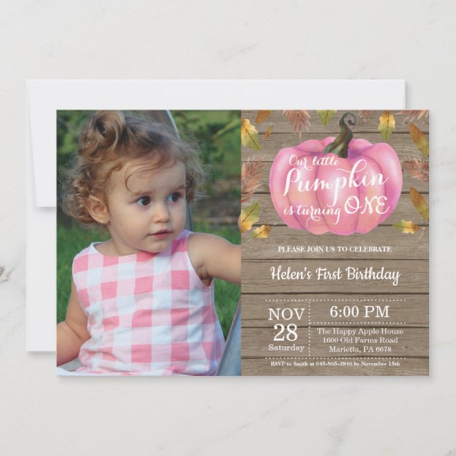 Rustic Girl Pumpkin First Birthday Invitation Pink (Front)