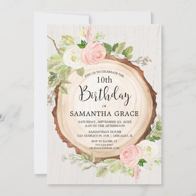 Rustic girls birthday blush pink cream floral invitation (Front)