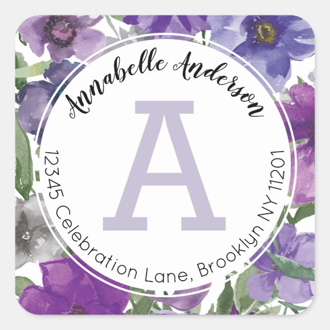 Rustic Girly Purple Watercolor Floral Monogram Square Sticker (Front)