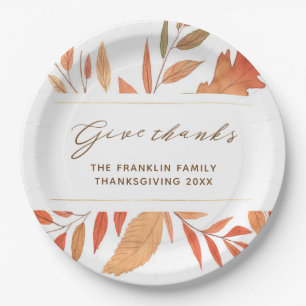 Rustic Give Thanks Fall Leaves Thanksgiving Paper Plate
