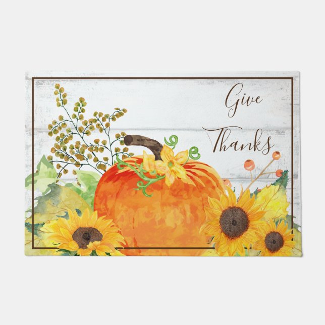 Rustic Give Thanks Sunflowers and Pumpkin Doormat (Front)