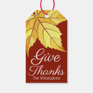 Rustic Give Thanks Yellow Fall Leaf Personalised Gift Tags