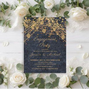 Rustic Glam Blue Gold String LIghts Engagement Postcard