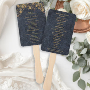 Rustic Glam Blue Gold Wedding Program Hand Fan