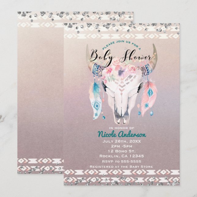 Rustic Glam Boho Floral Cow Skull Baby Shower Invitation (Front/Back)