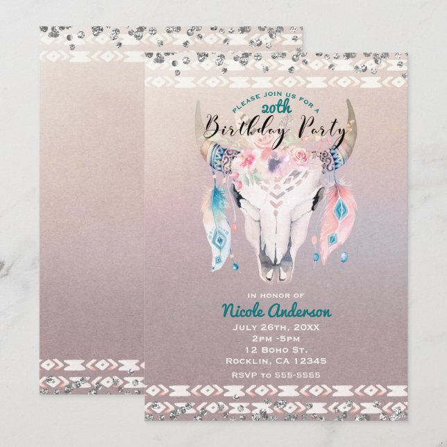 Rustic Glam Boho Floral Cow Skull Birthday Party Invitation (Front/Back)