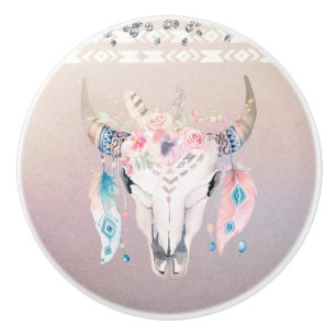 Rustic Glam Boho Floral Cow Skull Iridescent Ceramic Knob