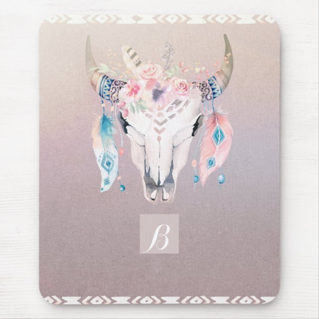 Rustic Glam Boho Floral Cow Skull Iridescent Chic Mouse Mat (Front)
