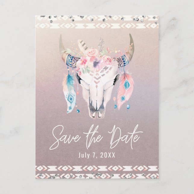 Rustic Glam Boho Floral Cow Skull Save the Date Announcement Postcard (Front)