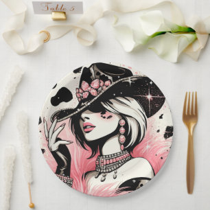 Rustic Glam Cowgirl Pink Sparkle Cowhide Birthday  Paper Plate