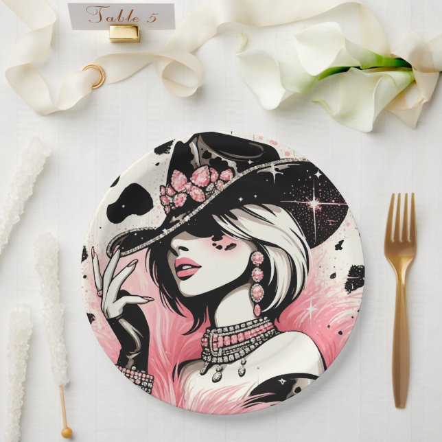 Rustic Glam Cowgirl Pink Sparkle Cowhide Birthday  Paper Plate (Wedding)