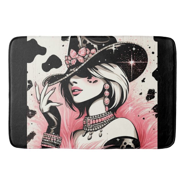 Rustic Glam Cowgirl Pink Sparkle Cowhide Print Bath Mat (Front)