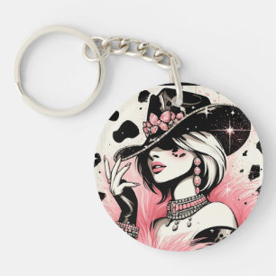 Rustic Glam Cowgirl Pink Sparkle Cowhide Print Key Ring