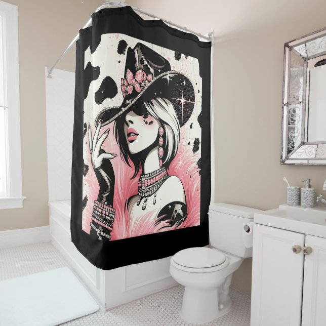 Rustic Glam Cowgirl Pink Sparkle Cowhide Print Shower Curtain (In Situ)