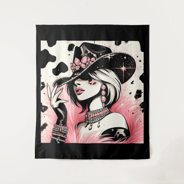 Rustic Glam Cowgirl Pink Sparkle Cowhide Print Tapestry (Front)