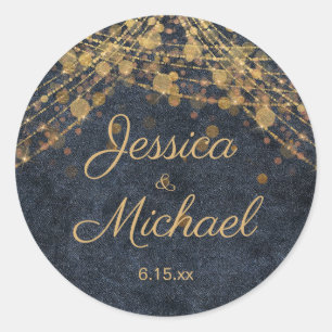 Rustic Glam Navy Blue Gold Script Wedding Classic Round Sticker