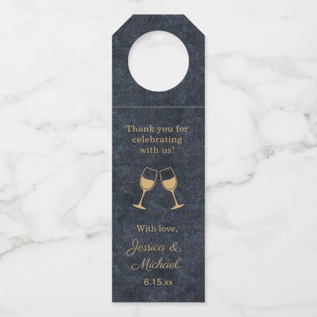 Rustic Glam Navy Blue Gold Wedding Bottle Tag (Front)