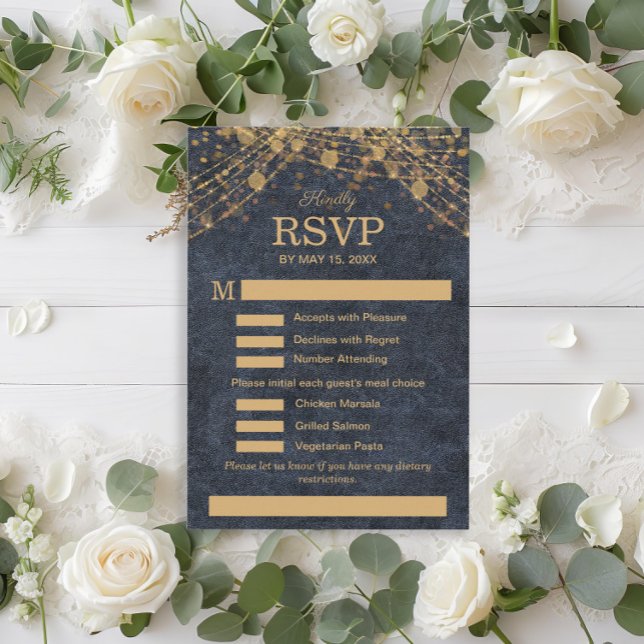Rustic Glam Navy Blue Gold Wedding Menu RSVP (Rustic glam blue gold string lights wedding RSVP/meal choice card)