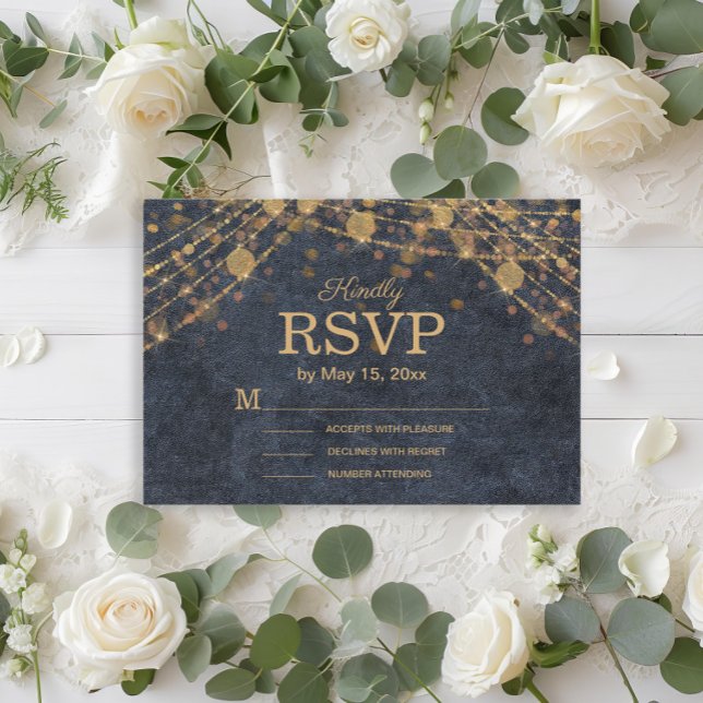 Rustic Glam Navy Blue Gold Wedding RSVP Card (Rustic glam navy blue gold string lights wedding RSVP card)