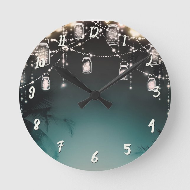 Rustic Glam Palm Trees & Mason Jar Lights Round Clock (Front)