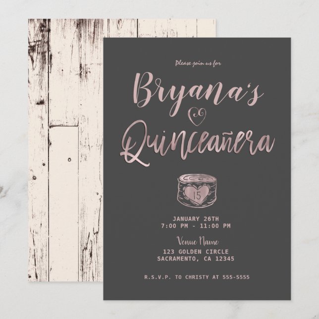 Rustic Glam Rose Gold Pink Grey 15 Quinceañera   Invitation (Front/Back)