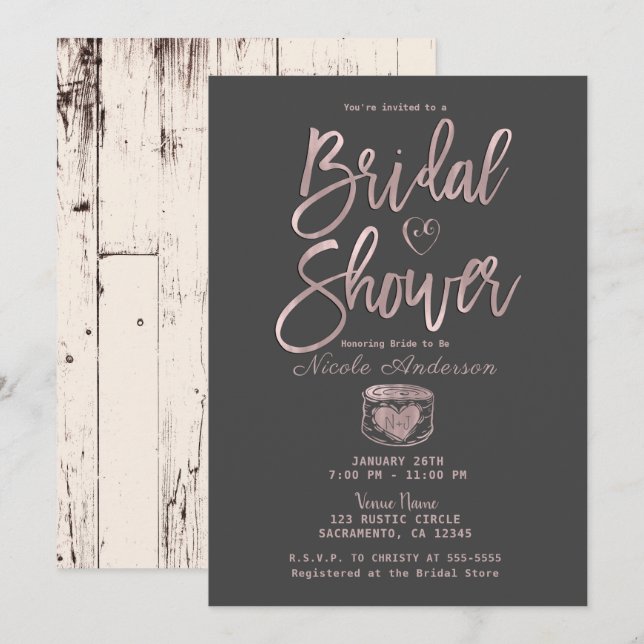 Rustic Glam Rose Gold Pink Grey Bridal Shower  Invitation (Front/Back)