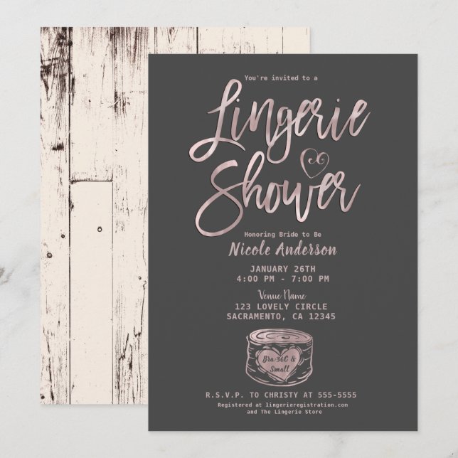 Rustic Glam Rose Gold Pink Grey Lingerie Shower  Invitation (Front/Back)