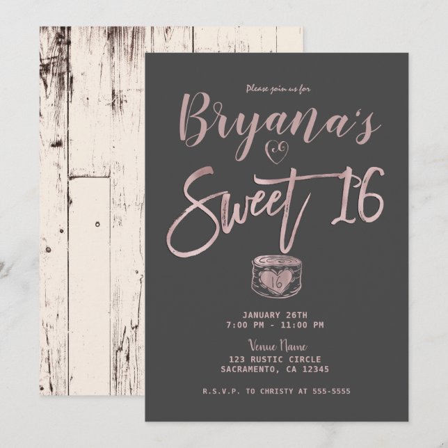 Rustic Glam Rose Gold Pink Grey Sweet 16 Party  Invitation (Front/Back)