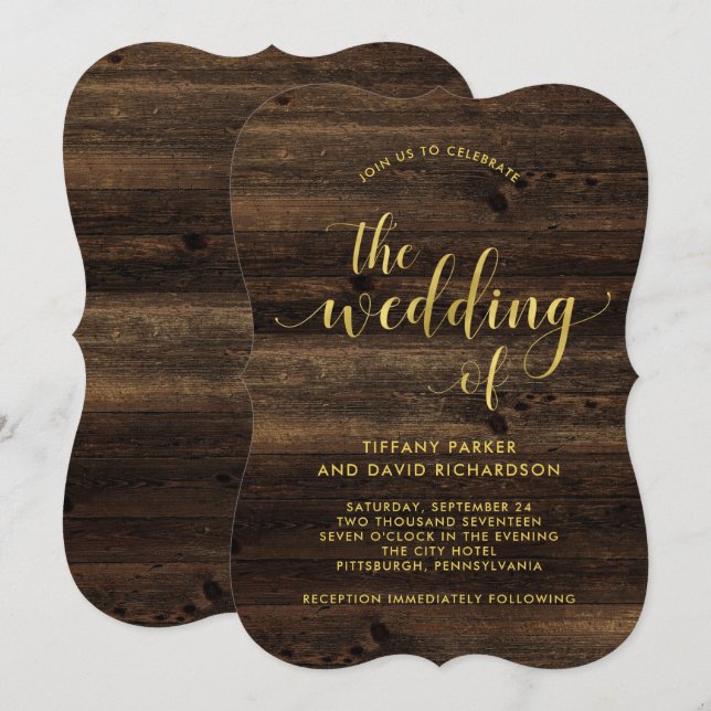 Rustic Glam | Wood and Faux Gold Look Wedding Invitation (Front/Back)