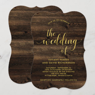 Rustic Glam   Wood and Faux Gold Look Wedding Invitation