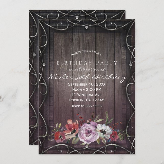 Rustic Glamour Barn Wood & Floral Birthday Party Invitation (Front/Back)