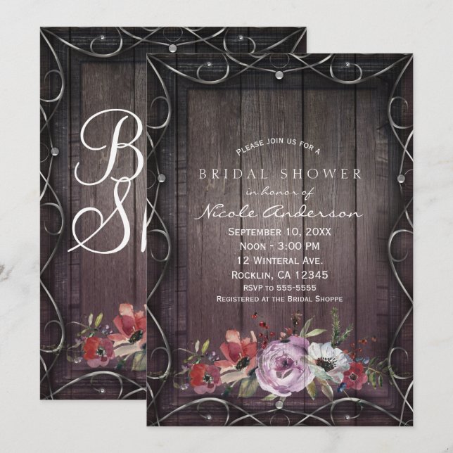 Rustic Glamour Barn Wood Flourish & Floral Bridal Invitation (Front/Back)