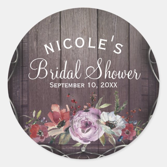 Rustic Glamour Barn Wood Flourish & Floral Wedding Classic Round Sticker (Front)