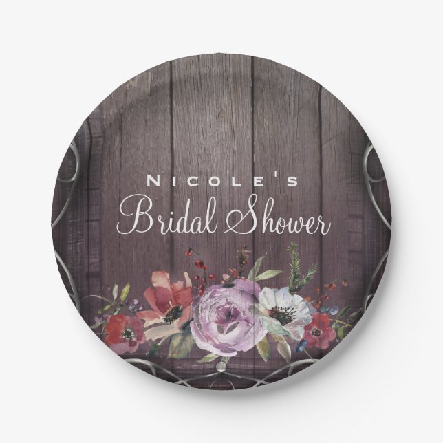 Rustic Glamour Barn Wood Flourish & Floral Wedding Paper Plate (Front)