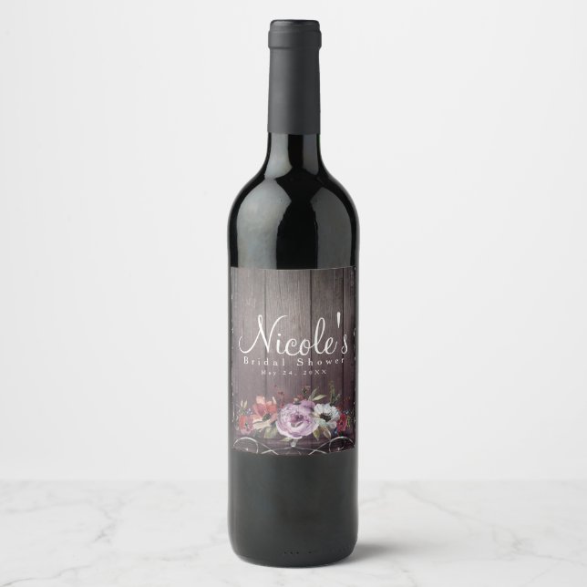 Rustic Glamour Barn Wood Flourish & Floral Wine Wine Label (Front)