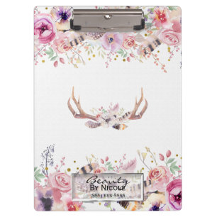 Rustic Glamour Boho Antlers Floral Personalised Clipboard